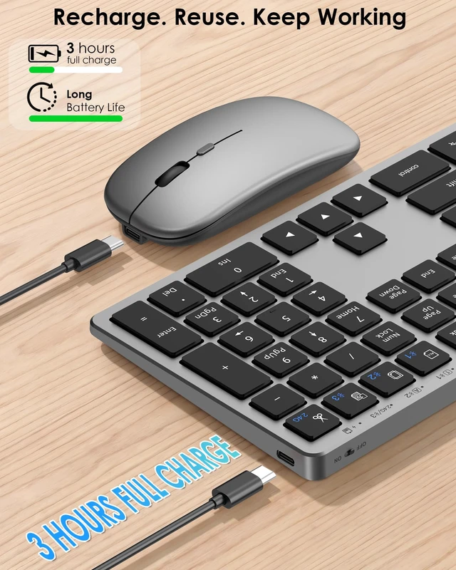 Alt view image 4 of 7 - Wireless Bluetooth Keyboard and Mouse Combo, Rechargeable Tri-Mode Keyboard and Mouse Set with 2.4G USB Receiver, Full Size Quiet Keyboard for Mac, Windows PC, Laptop, Office