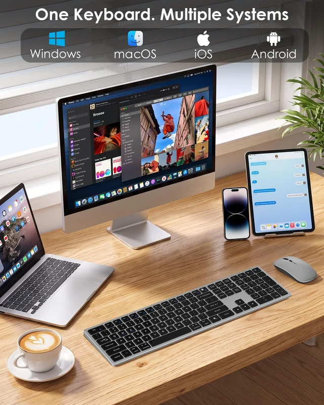 Alt view image 5 of 7 - Wireless Bluetooth Keyboard and Mouse Combo, Rechargeable Tri-Mode Keyboard and Mouse Set with 2.4G USB Receiver, Full Size Quiet Keyboard for Mac, Windows PC, Laptop, Office