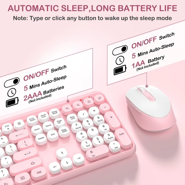 Alt view image 4 of 7 - Wireless Keyboard and Mouse Combo, Cute Typewriter Round Keycaps, Pink | Retro Pink Keyboards, Full Size, Soft Typing, 6 Button USB Mouse, Sleep Mode, Adjustable Feet, for Laptop/PC/Computer/Win/Mac