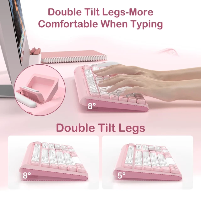 Alt view image 3 of 7 - Wireless Keyboard and Mouse Combo, Cute Typewriter Round Keycaps, Pink | Retro Pink Keyboards, Full Size, Soft Typing, 6 Button USB Mouse, Sleep Mode, Adjustable Feet, for Laptop/PC/Computer/Win/Mac