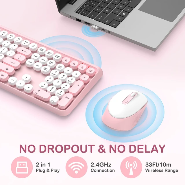 Alt view image 5 of 7 - Wireless Keyboard and Mouse Combo, Cute Typewriter Round Keycaps, Pink | Retro Pink Keyboards, Full Size, Soft Typing, 6 Button USB Mouse, Sleep Mode, Adjustable Feet, for Laptop/PC/Computer/Win/Mac