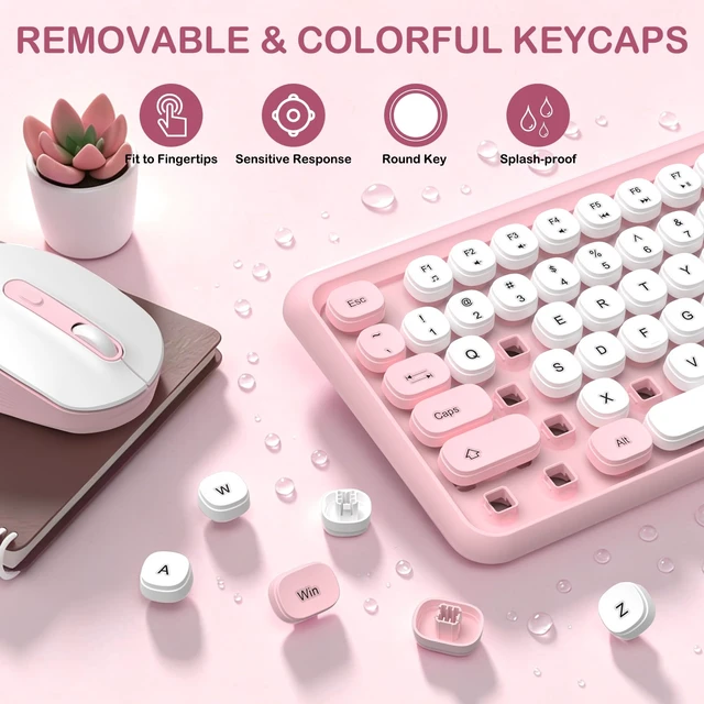 Alt view image 2 of 7 - Wireless Keyboard and Mouse Combo, Cute Typewriter Round Keycaps, Pink | Retro Pink Keyboards, Full Size, Soft Typing, 6 Button USB Mouse, Sleep Mode, Adjustable Feet, for Laptop/PC/Computer/Win/Mac