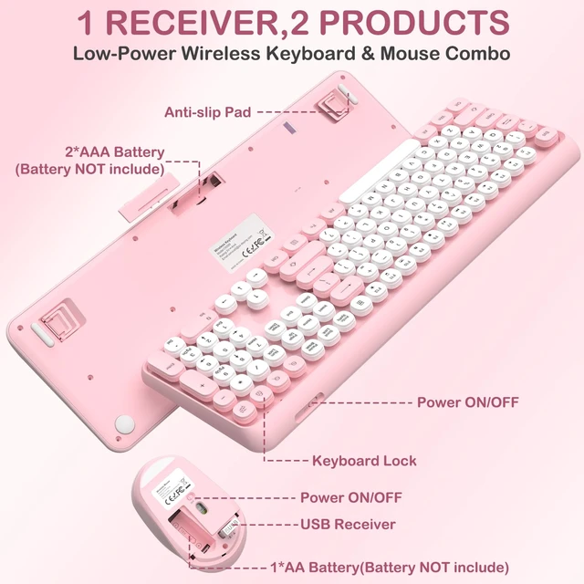 Alt view image 7 of 7 - Wireless Keyboard and Mouse Combo, Cute Typewriter Round Keycaps, Pink | Retro Pink Keyboards, Full Size, Soft Typing, 6 Button USB Mouse, Sleep Mode, Adjustable Feet, for Laptop/PC/Computer/Win/Mac