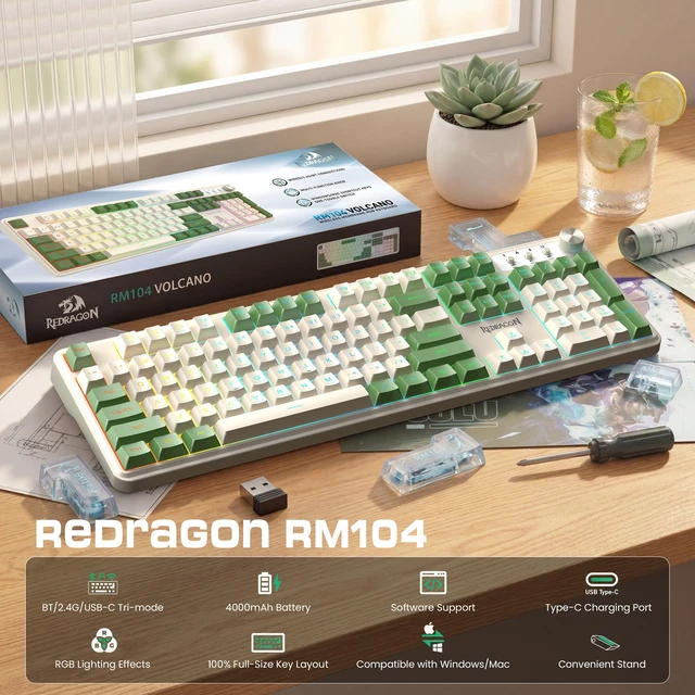 Alt view image 2 of 7 - RM104 Wireless Gaming Keyboard with Knob, Tri-Mode BT/2.4G/USB-C RGB Computer Keyboards, 4000mAh Battery, Programmable Software Support, Anti-Ghosting, Compatible with PC Mac - White & Green