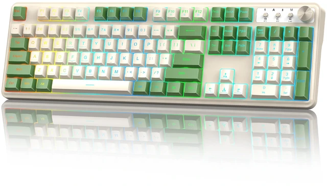 Main image of RM104 Wireless Gaming Keyboard with Knob, Tri-Mode BT/2.4G/USB-C RGB Computer Keyboards, 4000mAh Battery, Programmable Software Support, Anti-Ghosting, Compatible with PC Mac - White & Green