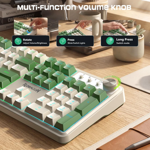 Alt view image 4 of 7 - RM104 Wireless Gaming Keyboard with Knob, Tri-Mode BT/2.4G/USB-C RGB Computer Keyboards, 4000mAh Battery, Programmable Software Support, Anti-Ghosting, Compatible with PC Mac - White & Green