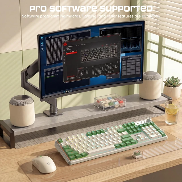 Alt view image 5 of 7 - RM104 Wireless Gaming Keyboard with Knob, Tri-Mode BT/2.4G/USB-C RGB Computer Keyboards, 4000mAh Battery, Programmable Software Support, Anti-Ghosting, Compatible with PC Mac - White & Green