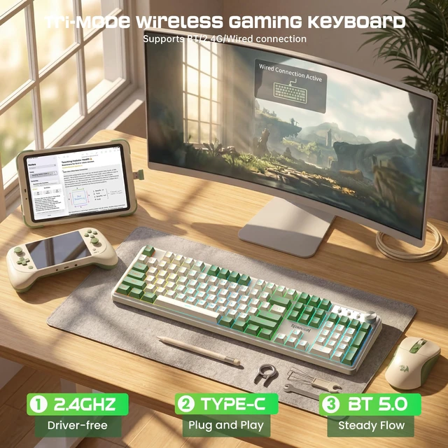 Alt view image 3 of 7 - RM104 Wireless Gaming Keyboard with Knob, Tri-Mode BT/2.4G/USB-C RGB Computer Keyboards, 4000mAh Battery, Programmable Software Support, Anti-Ghosting, Compatible with PC Mac - White & Green