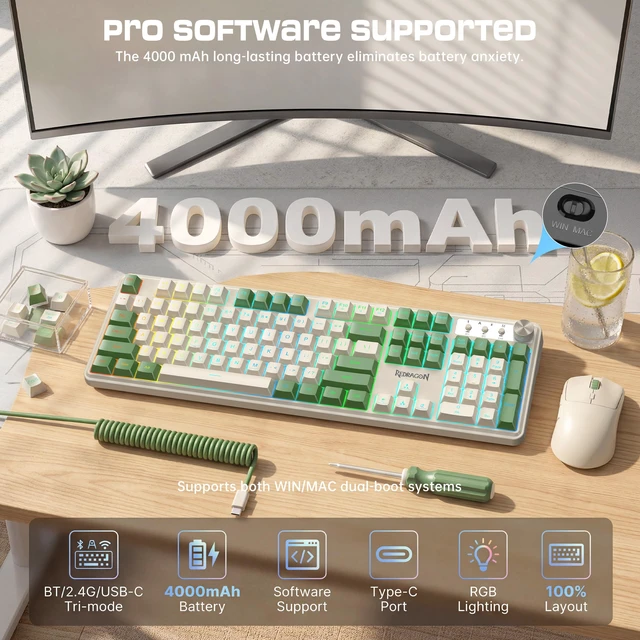 Alt view image 6 of 7 - RM104 Wireless Gaming Keyboard with Knob, Tri-Mode BT/2.4G/USB-C RGB Computer Keyboards, 4000mAh Battery, Programmable Software Support, Anti-Ghosting, Compatible with PC Mac - White & Green