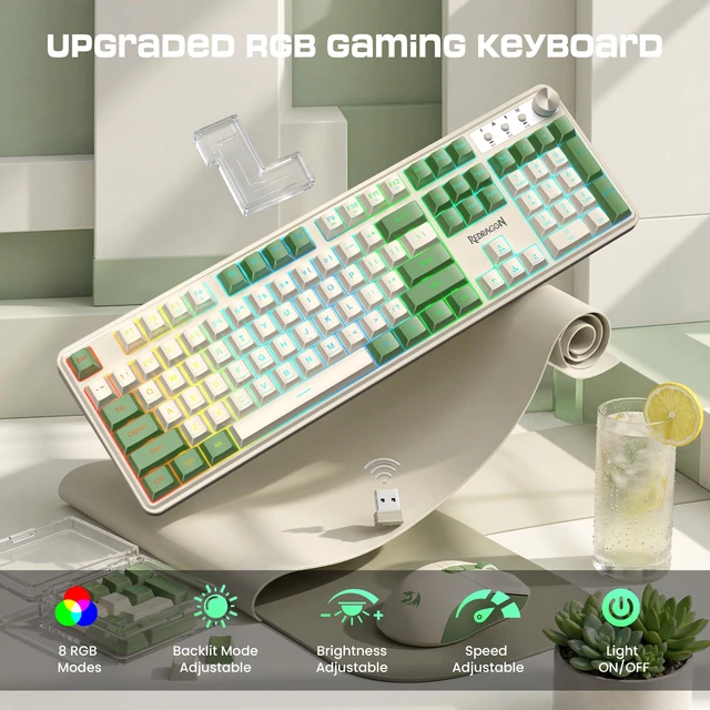 Alt view image 7 of 7 - RM104 Wireless Gaming Keyboard with Knob, Tri-Mode BT/2.4G/USB-C RGB Computer Keyboards, 4000mAh Battery, Programmable Software Support, Anti-Ghosting, Compatible with PC Mac - White & Green