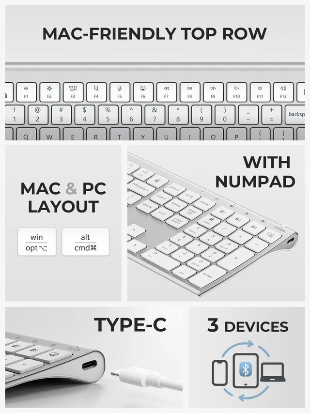 Alt view image 2 of 7 - BK10 Max Bluetooth Keyboard for Mac, Slim Full-Size Layout, Silver | 3-Device Bluetooth Switching, Wireless Keyboard with Numeric Keypad, Quiet Typing, USB-C Rechargeable for MacBook & Windows