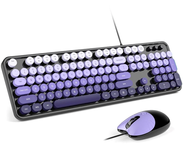 Main image of Wired Retro Typewriter Keyboard and Mouse Combo, Full Size USB Plug & Play for Windows PC Laptop- Black Purple