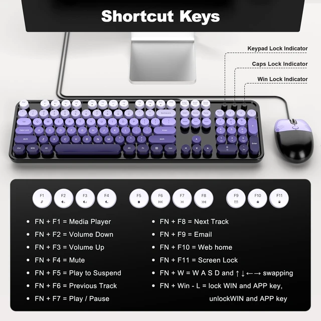 Alt view image 4 of 7 - Wired Retro Typewriter Keyboard and Mouse Combo, Full Size USB Plug & Play for Windows PC Laptop- Black Purple