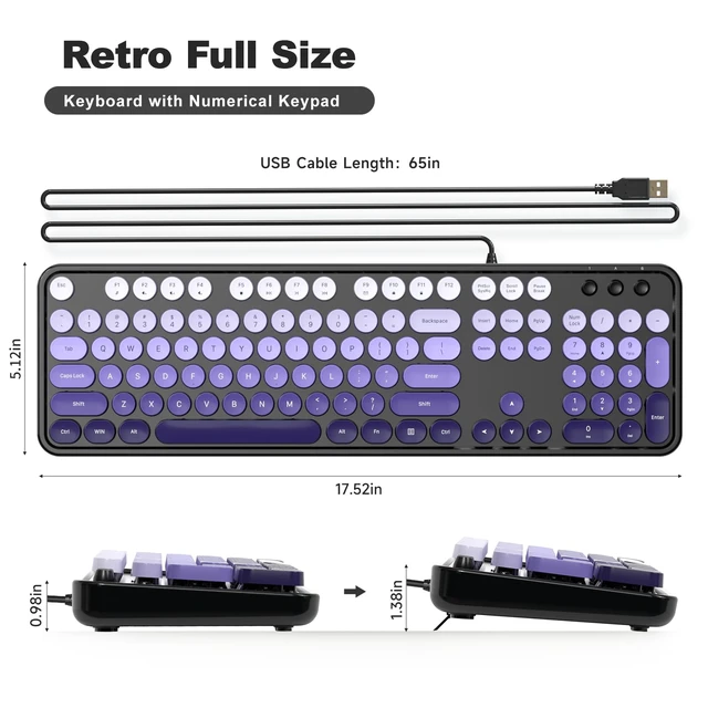 Alt view image 6 of 7 - Wired Retro Typewriter Keyboard and Mouse Combo, Full Size USB Plug & Play for Windows PC Laptop- Black Purple