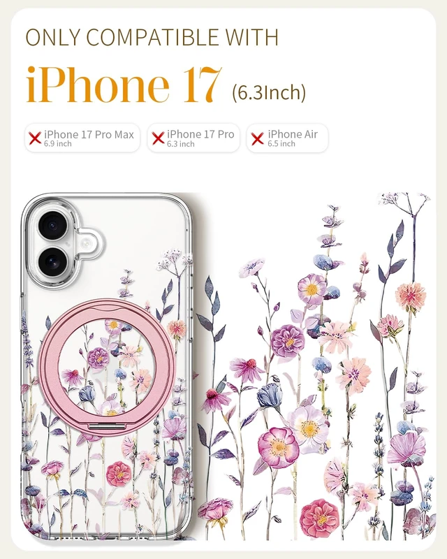 Alt view image 2 of 6 - Clear Case for iPhone 17 with Stand, Purple Flower | Compatible with MagSafe, Cute Girly Aesthetic Unique Design, Clear Soft TPU, Built-in Stand, Phone Cover for Women Girls