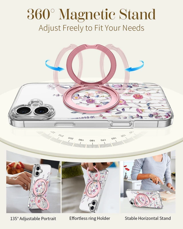 Alt view image 4 of 6 - Clear Case for iPhone 17 with Stand, Purple Flower | Compatible with MagSafe, Cute Girly Aesthetic Unique Design, Clear Soft TPU, Built-in Stand, Phone Cover for Women Girls