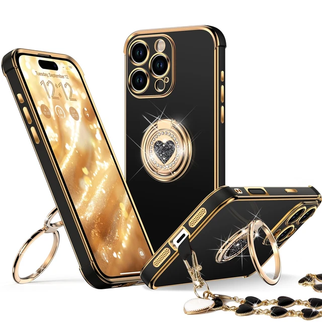 Main image of for with Stand, Phone Case with Double Ring Kickstand, Women Girls Bling Luxury Protective Case Heart for 6.3'', Black