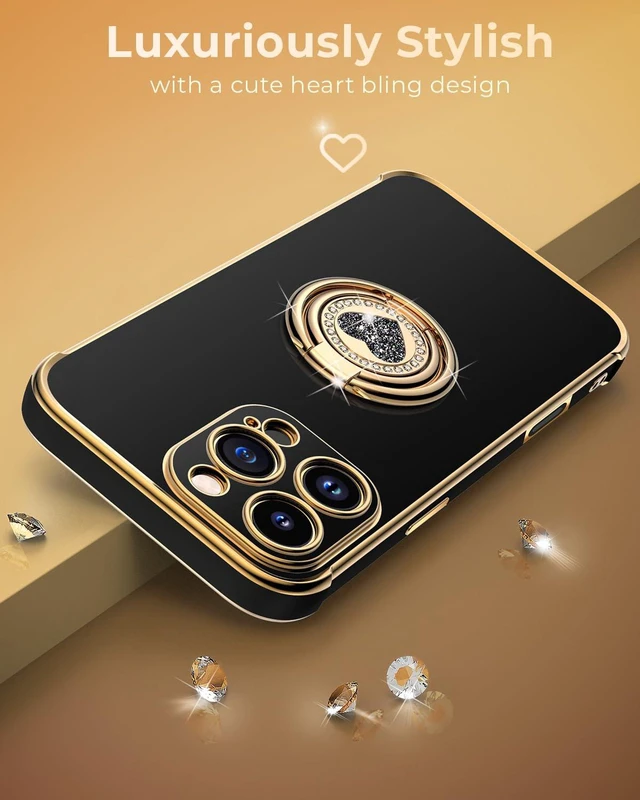 Alt view image 6 of 6 - for with Stand, Phone Case with Double Ring Kickstand, Women Girls Bling Luxury Protective Case Heart for 6.3'', Black