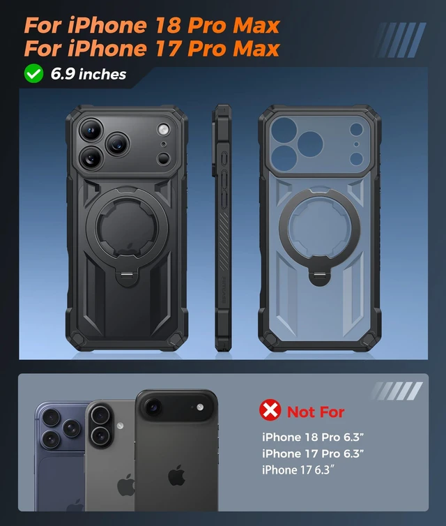 Alt view image 2 of 6 - for iPhone 18 Pro Max/ 17 Pro Max Case with 360 Spin Magnetic Stand | Screen Protector, Compatible with MagSafe, Heavy Duty 20FT Military-Grade Drop Protection, Ring Kickstand, Translucent Black