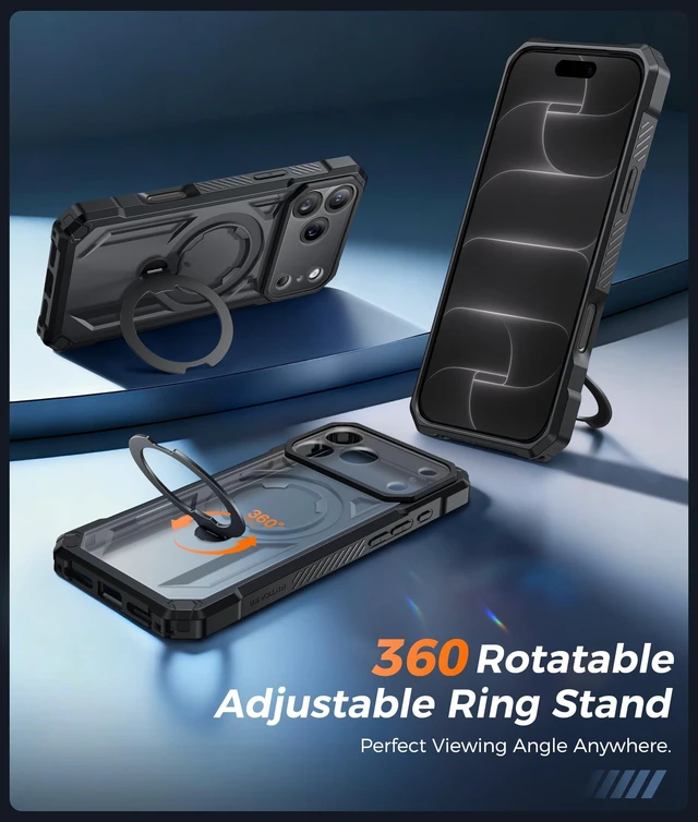 Alt view image 4 of 6 - for iPhone 18 Pro Max/ 17 Pro Max Case with 360 Spin Magnetic Stand | Screen Protector, Compatible with MagSafe, Heavy Duty 20FT Military-Grade Drop Protection, Ring Kickstand, Translucent Black