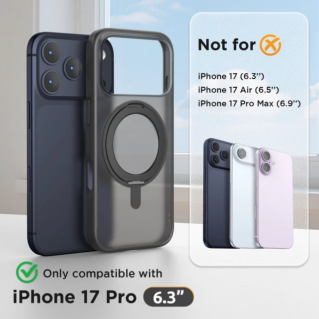 Alt view image 2 of 7 - Stand Case for iPhone 17 Pro Case Compatible with MagSafe (6.3 inch 2025), 360° Rotatable Ring Kickstand Phone Cases for 17 Pro, Stand Black