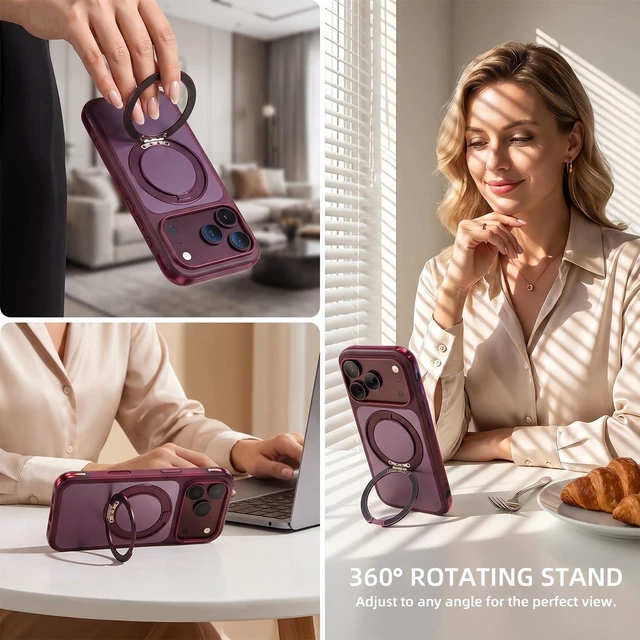 Alt view image 2 of 7 - Case for iPhone 18 Pro Max with 360 Spin Magnetic Stand, Burgundy | Fit for Magsafe,360° Rotating Kickstand,Translucent Hard PC Back,Matte Military Grade Shockproof Phone Cover