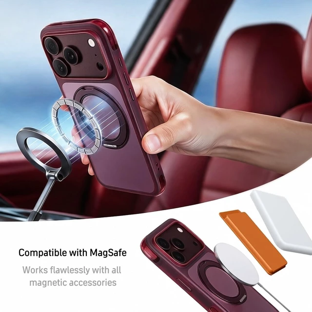 Alt view image 4 of 7 - Case for iPhone 18 Pro Max with 360 Spin Magnetic Stand, Burgundy | Fit for Magsafe,360° Rotating Kickstand,Translucent Hard PC Back,Matte Military Grade Shockproof Phone Cover