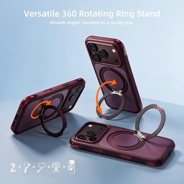 Alt view image 6 of 7 - Case for iPhone 18 Pro Max with 360 Spin Magnetic Stand, Burgundy | Fit for Magsafe,360° Rotating Kickstand,Translucent Hard PC Back,Matte Military Grade Shockproof Phone Cover