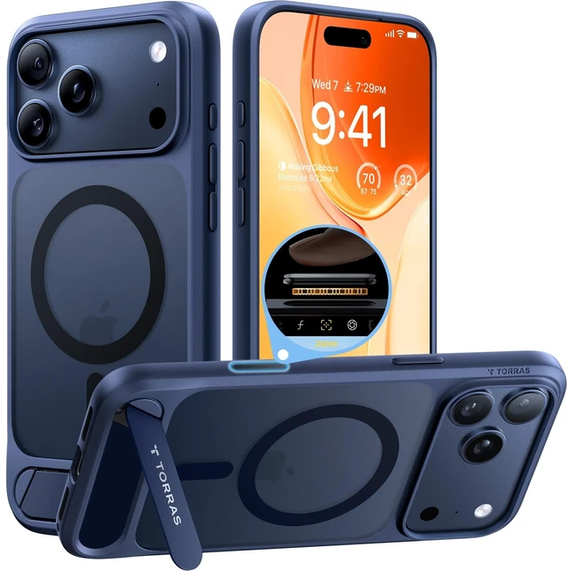 Main image of Strong Magnetic Seamless Stand for iPhone 17 Pro Max Case Deep Blue | Fit for MagSafe, Military Grade Drop Protection, Invisible Adjustable Kickstand, Camera Control Button, Translucent Matte