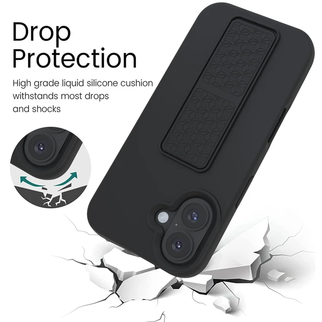 Alt view image 2 of 6 - Silicone Kickstand Case Compatible with iPhone 16, Vertical and Horizontal Stand Hand Strap Metal Kickstand Cover, Flexible Soft Liquid Silicone Stand Case for iPhone 16 (Black)