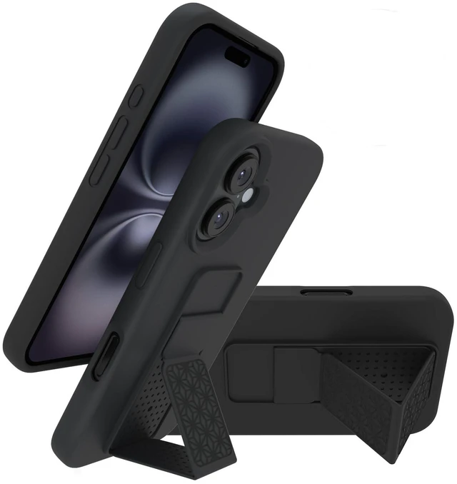 Main image of Silicone Kickstand Case Compatible with iPhone 16, Vertical and Horizontal Stand Hand Strap Metal Kickstand Cover, Flexible Soft Liquid Silicone Stand Case for iPhone 16 (Black)