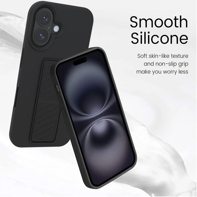 Alt view image 3 of 6 - Silicone Kickstand Case Compatible with iPhone 16, Vertical and Horizontal Stand Hand Strap Metal Kickstand Cover, Flexible Soft Liquid Silicone Stand Case for iPhone 16 (Black)