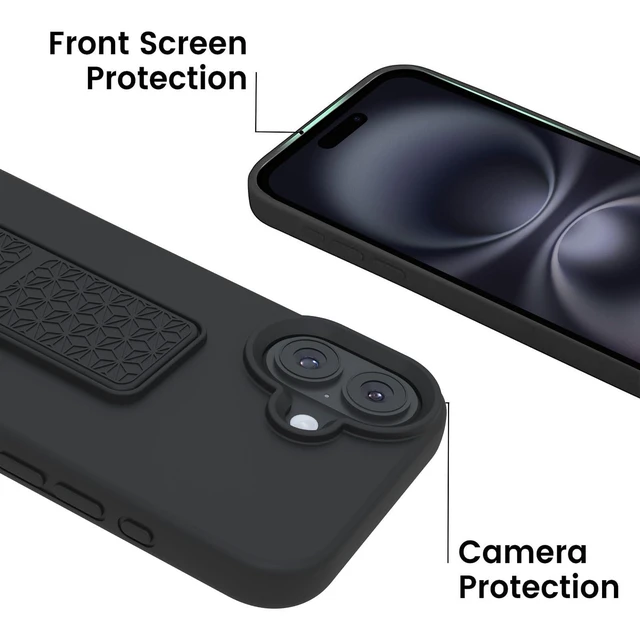 Alt view image 4 of 6 - Silicone Kickstand Case Compatible with iPhone 16, Vertical and Horizontal Stand Hand Strap Metal Kickstand Cover, Flexible Soft Liquid Silicone Stand Case for iPhone 16 (Black)