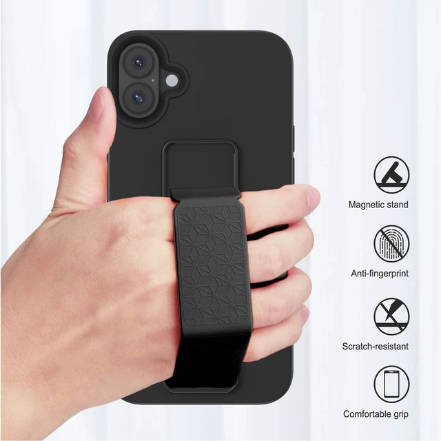 Alt view image 5 of 6 - Silicone Kickstand Case Compatible with iPhone 16, Vertical and Horizontal Stand Hand Strap Metal Kickstand Cover, Flexible Soft Liquid Silicone Stand Case for iPhone 16 (Black)