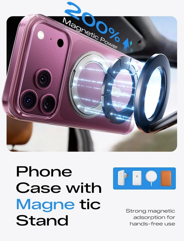 Alt view image 4 of 7 - Clear Phone Case for iPhone 18 Pro Max Case with Stand, Slim | 360 Rotatable Stand, Fit for MagSafe, Anti-Yellowing, Mil-Grade Drop Proof, 18 N Magnetic, Shockproof, Camera Control, Clear