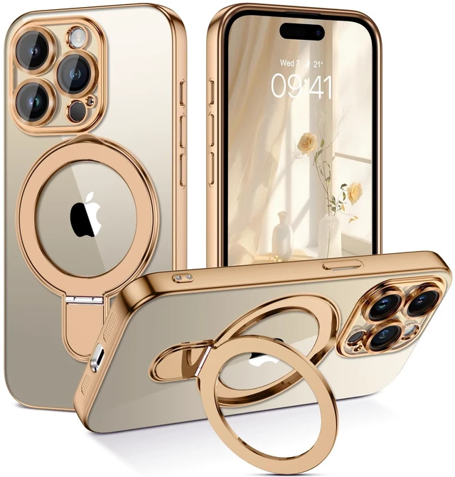 Main image of for iPhone 15 Pro Max Case with Stand, Magnetic Clear Cases Plating Edge Invisible Ring Holder Slim Shockproof Protective Kickstand Phone Case for iPhone 15 Pro Max 6.7'', Desert Titanium Gold