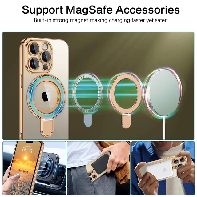 Alt view image 4 of 7 - for iPhone 15 Pro Max Case with Stand, Magnetic Clear Cases Plating Edge Invisible Ring Holder Slim Shockproof Protective Kickstand Phone Case for iPhone 15 Pro Max 6.7'', Desert Titanium Gold