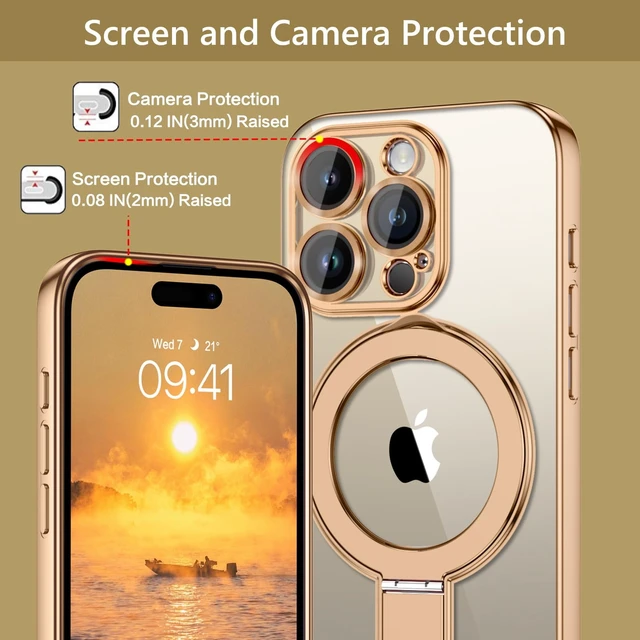 Alt view image 6 of 7 - for iPhone 15 Pro Max Case with Stand, Magnetic Clear Cases Plating Edge Invisible Ring Holder Slim Shockproof Protective Kickstand Phone Case for iPhone 15 Pro Max 6.7'', Desert Titanium Gold