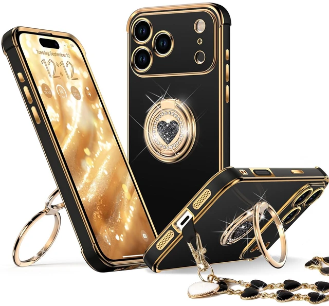 Main image of for iPhone 17 Pro Max Case with Stand, Phone Case with Double Ring Kickstand, Women Girls Bling Luxury Protective Case Heart for iPhone 17 Pro Max, Black