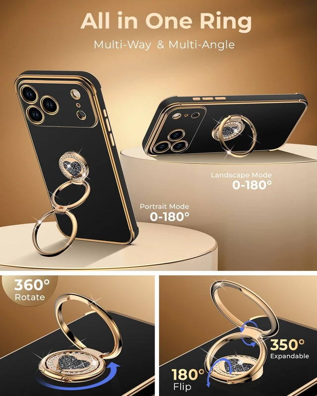 Alt view image 3 of 6 - for iPhone 17 Pro Max Case with Stand, Phone Case with Double Ring Kickstand, Women Girls Bling Luxury Protective Case Heart for iPhone 17 Pro Max, Black