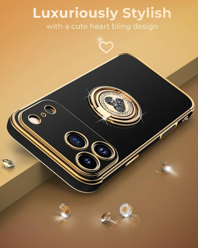 Alt view image 5 of 6 - for iPhone 17 Pro Max Case with Stand, Phone Case with Double Ring Kickstand, Women Girls Bling Luxury Protective Case Heart for iPhone 17 Pro Max, Black