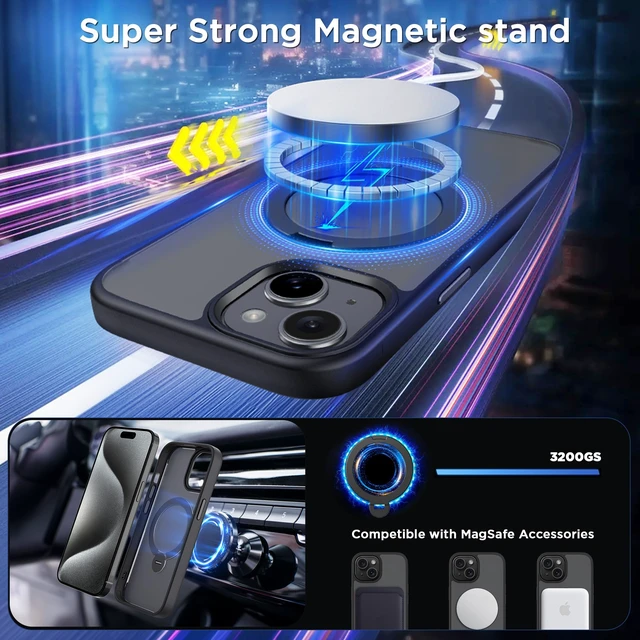 Alt view image 3 of 7 - Magnetic Case for iPhone 15 with Stand, Compatible with MagSafe | 360 Rotatable Ring Stand, Compatible with MagSafe, Car Phone Mount, Phone Holder for Desk Meeting/Videos