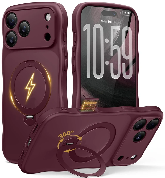 Main image of Magnetic for iPhone 18 Pro Max & 17 Pro Max Case,360° Spin Stand Burgundy Fit for Magsafe, Cute Wave Edge, Camera Button,Translucent Shockproof Mil-Grade Phone Case for iPhone 18 Pro Max & 17 Pro Max