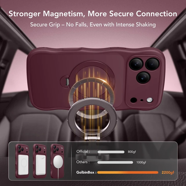 Alt view image 3 of 7 - Magnetic for iPhone 18 Pro Max & 17 Pro Max Case,360° Spin Stand Burgundy Fit for Magsafe, Cute Wave Edge, Camera Button,Translucent Shockproof Mil-Grade Phone Case for iPhone 18 Pro Max & 17 Pro Max