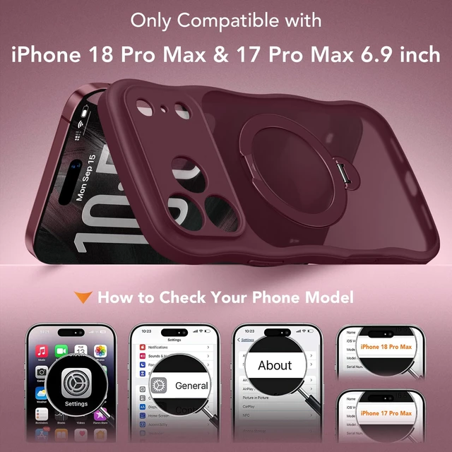 Alt view image 2 of 7 - Magnetic for iPhone 18 Pro Max & 17 Pro Max Case,360° Spin Stand Burgundy Fit for Magsafe, Cute Wave Edge, Camera Button,Translucent Shockproof Mil-Grade Phone Case for iPhone 18 Pro Max & 17 Pro Max