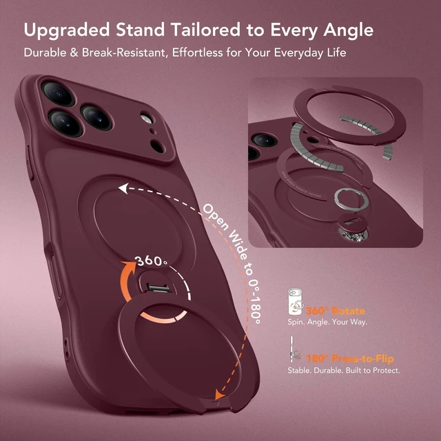 Alt view image 5 of 7 - Magnetic for iPhone 18 Pro Max & 17 Pro Max Case,360° Spin Stand Burgundy Fit for Magsafe, Cute Wave Edge, Camera Button,Translucent Shockproof Mil-Grade Phone Case for iPhone 18 Pro Max & 17 Pro Max