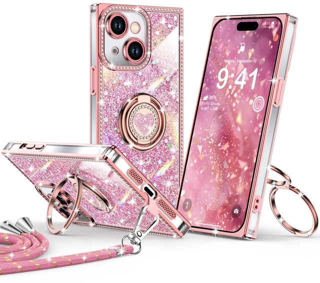 Main image of for iPhone 15 Case, Glitter Bling Phone Cover with 2-Ring Heart Stand & Lanyard, Women Girls Luxury Rhinestone Shockproof Protective Case for iPhone 15, Pink