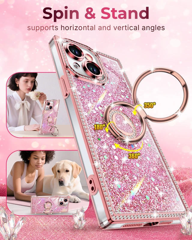 Alt view image 2 of 6 - for iPhone 15 Case, Glitter Bling Phone Cover with 2-Ring Heart Stand & Lanyard, Women Girls Luxury Rhinestone Shockproof Protective Case for iPhone 15, Pink