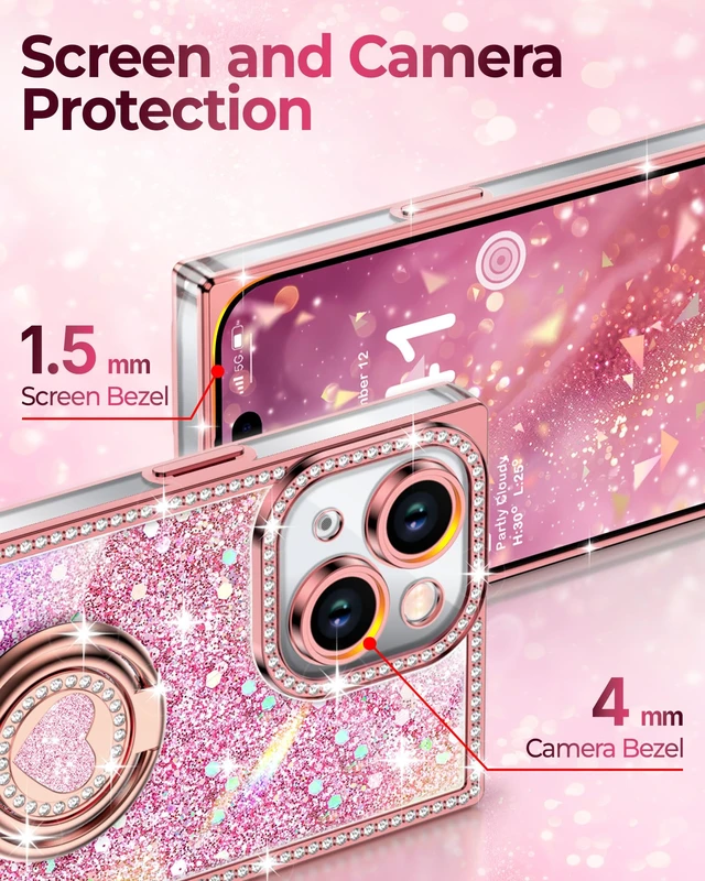 Alt view image 4 of 6 - for iPhone 15 Case, Glitter Bling Phone Cover with 2-Ring Heart Stand & Lanyard, Women Girls Luxury Rhinestone Shockproof Protective Case for iPhone 15, Pink