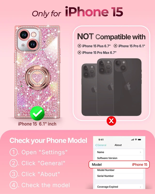 Alt view image 6 of 6 - for iPhone 15 Case, Glitter Bling Phone Cover with 2-Ring Heart Stand & Lanyard, Women Girls Luxury Rhinestone Shockproof Protective Case for iPhone 15, Pink